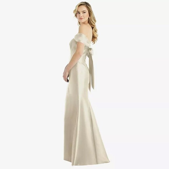 Alfred Sung Beige White Off Shoulder Satin Trumpet Maxi Dress sz 2R - Picture 1 of 10